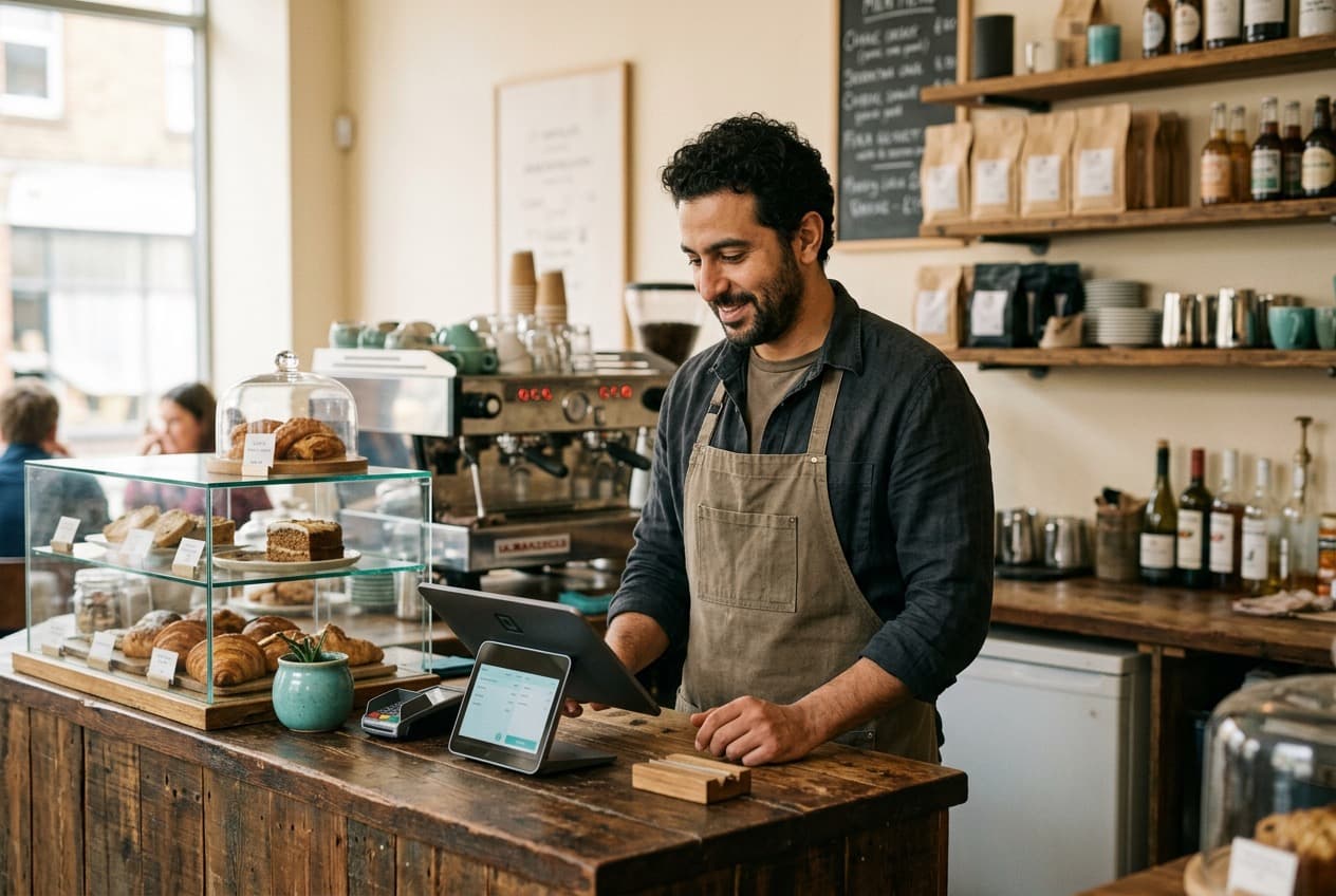 A restaurant owner at the counter, reviewing live orders on Tappya